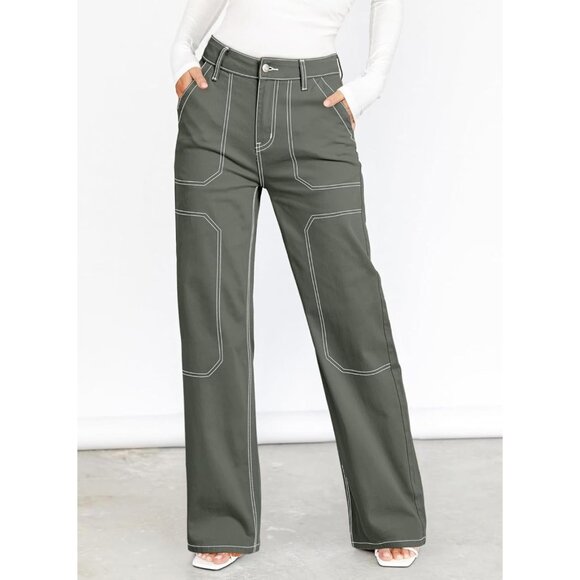 Women Four Leaf Clover Casual Mid Waist Stretch Button Wide Leg Denim Cargo Pant - Picture 3 of 6